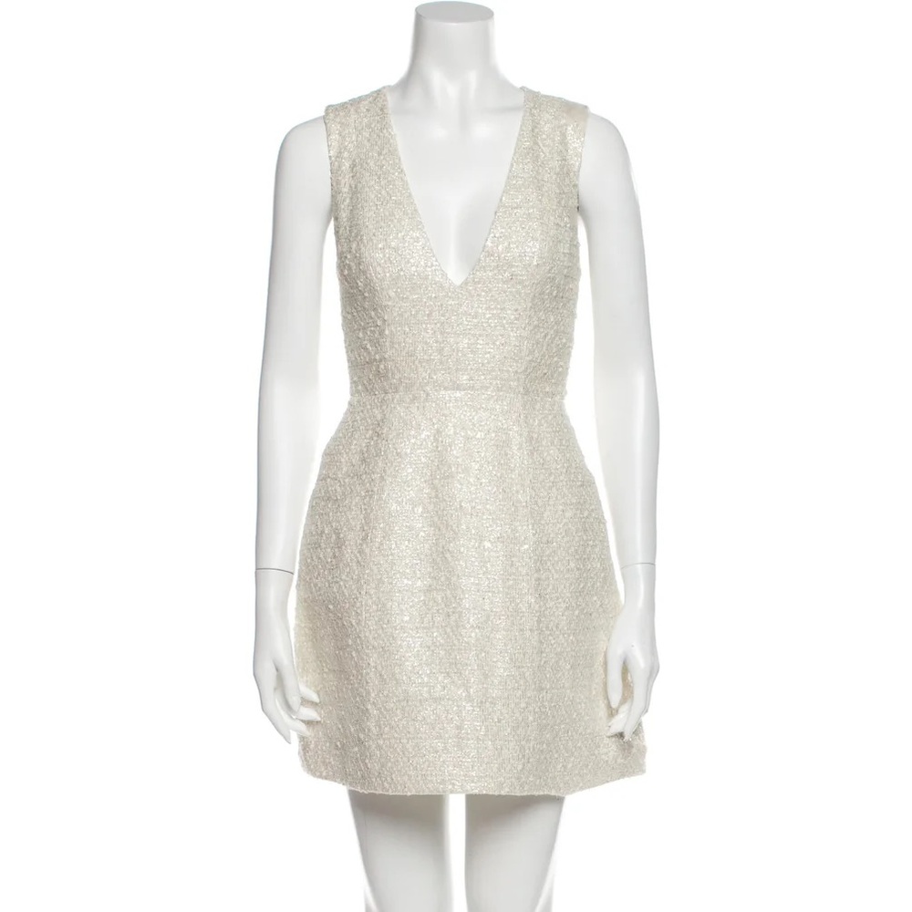 Shimmery white Alice + Olivia dress w/deep V cut